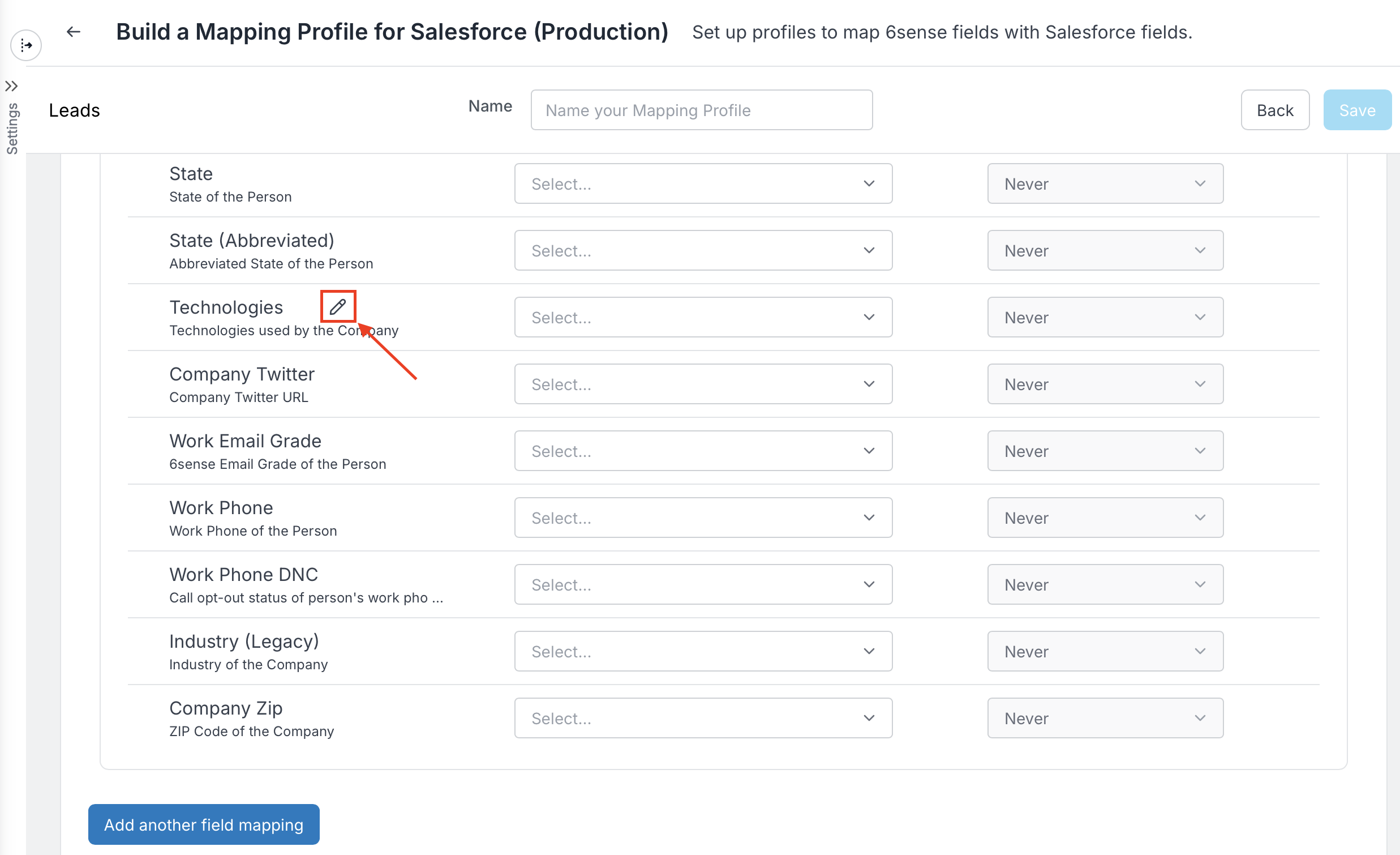 Mapping profile setup for Salesforce with highlighted technologies field for editing.